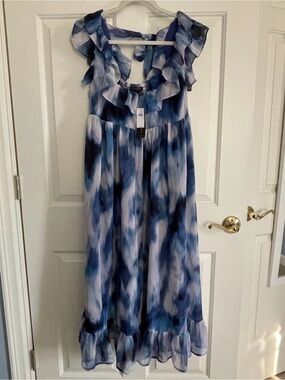 Banana Republic Blue Watercolor Ruffle Maxi Dress with Tie Back S